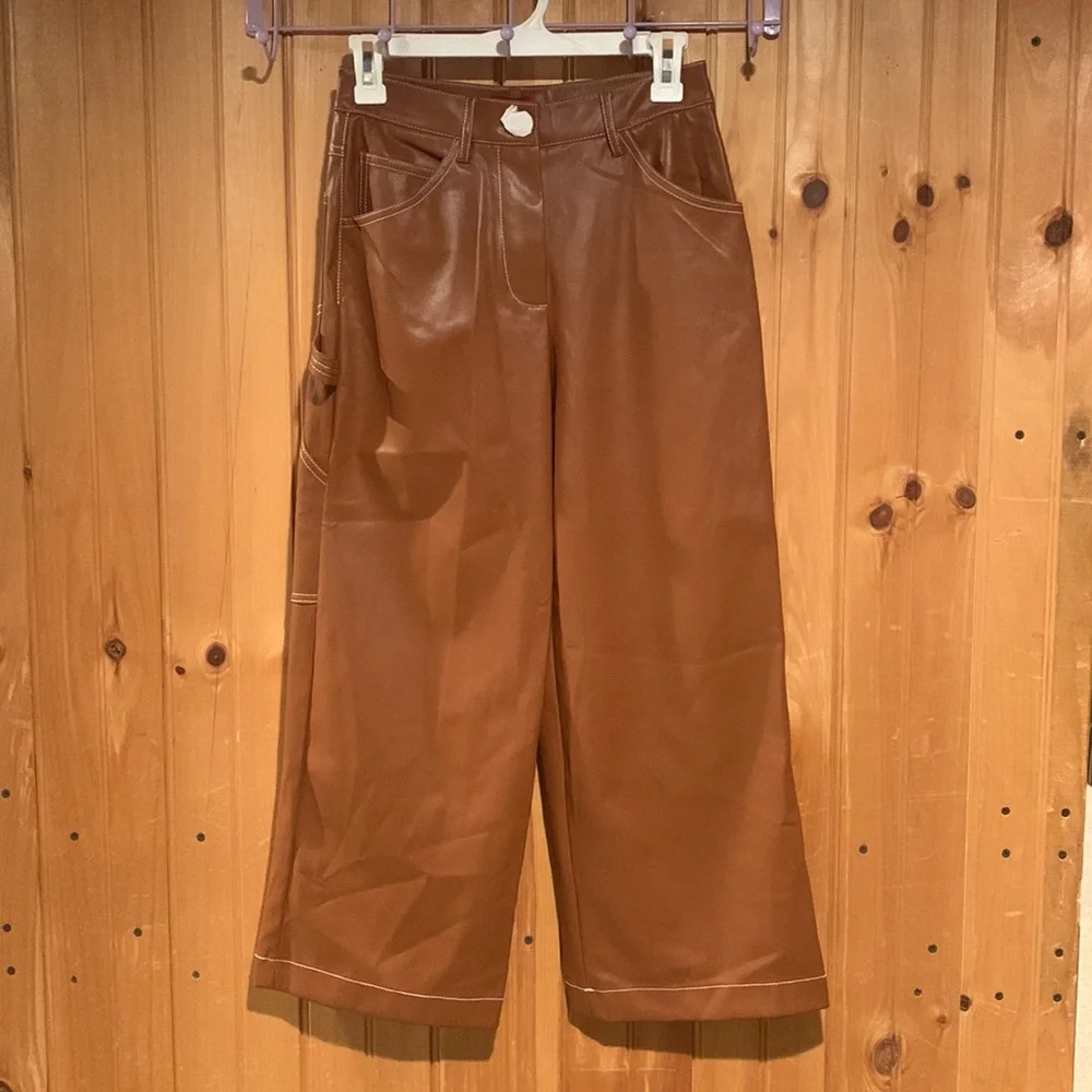 New NWT STAUD cropped domino faux leather pants in whiskey size 0